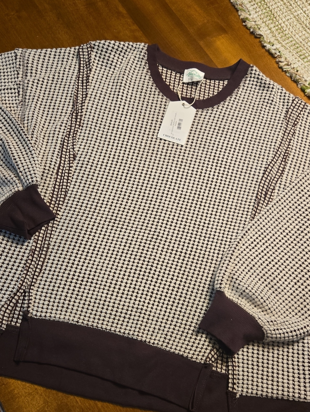 Chocolate Grid-Pattern Crewneck Sweatshirt - Brown/Beige